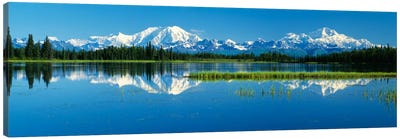 Reflection Of Mountains In Lake, Mt Foraker And Mt Mckinley, Denali National Park, Alaska, USA Canvas Art Print - 3-Piece Panoramic Art
