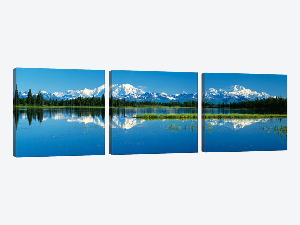 Reflection Of Mountains In Lake, Mt Foraker And Mt Mckinley, Denali National Park, Alaska, USA 3-piece Canvas Art Print