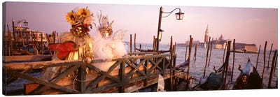 Italy, Venice, St MarkÕs Basin, people dressed for masquerade Canvas Art Print - Coastal Village & Town Art