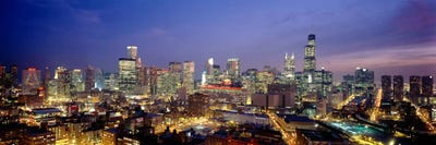 High Angle View Of Buildings Lit Up At Dusk, Chicago, Illinois, USA by Panoramic Images multi panel art