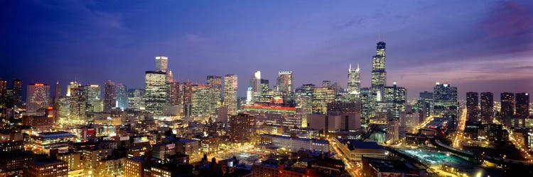 High Angle View Of Buildings Lit Up At Dusk, Chicago, Illinois, USA