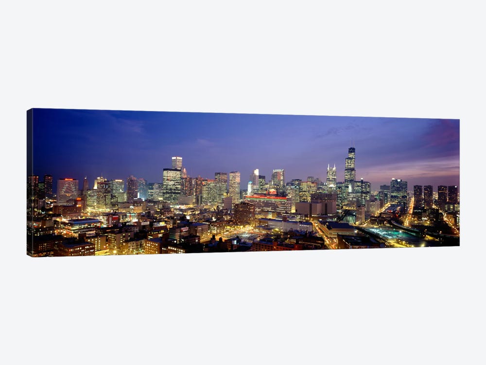 High Angle View Of Buildings Lit Up At Dusk, Chicago, Illinois, USA by Panoramic Images 1-piece Canvas Art