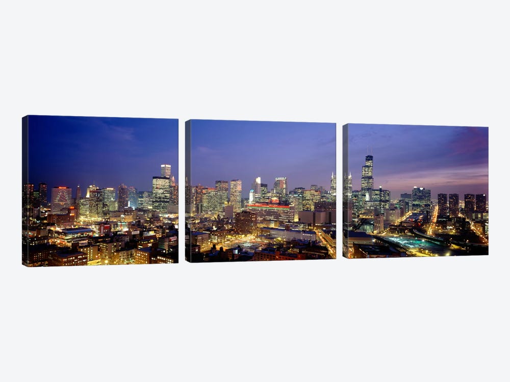 High Angle View Of Buildings Lit Up At Dusk, Chicago, Illinois, USA by Panoramic Images 3-piece Canvas Art