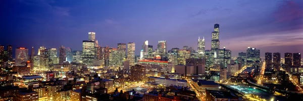 High Angle View Of Buildings Lit Up At Dusk, Chicago, Illinois, USA