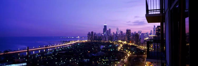 High angle view of a city at night, Lake Michigan, Chicago, Cook County, Illinois, USA