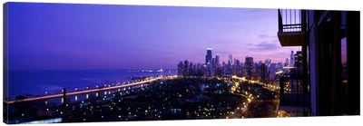 High angle view of a city at night, Lake Michigan, Chicago, Cook County, Illinois, USA Canvas Art Print - Chicago Skylines