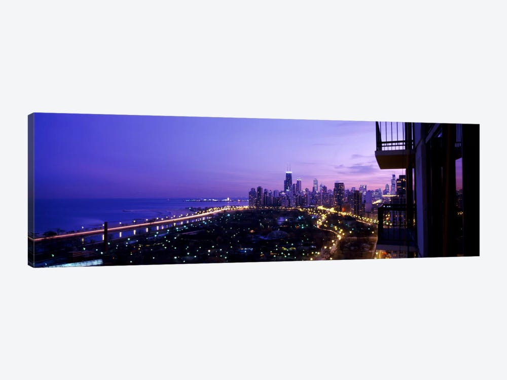 High angle view of a city at night, Lake Michigan, Chicago, Cook County, Illinois, USA by Panoramic Images 1-piece Canvas Art