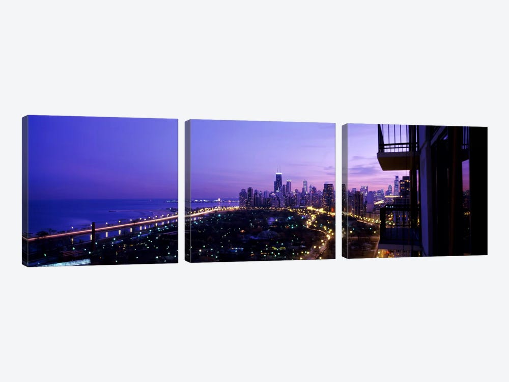 High angle view of a city at night, Lake Michigan, Chicago, Cook County, Illinois, USA by Panoramic Images 3-piece Canvas Artwork