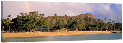 USA, Hawaii, Oahu, Honolulu, Diamond Head St Park, View of a rainbow over a beach resort Canvas Art Print - Honolulu Art