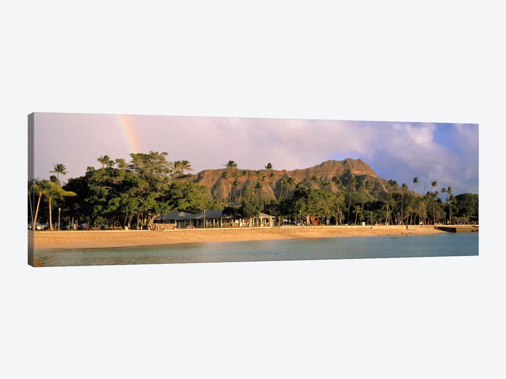 USA, Hawaii, Oahu, Honolulu, Diamond Head St Park, View of a rainbow over a beach resort by Panoramic Images 1-piece Canvas Art