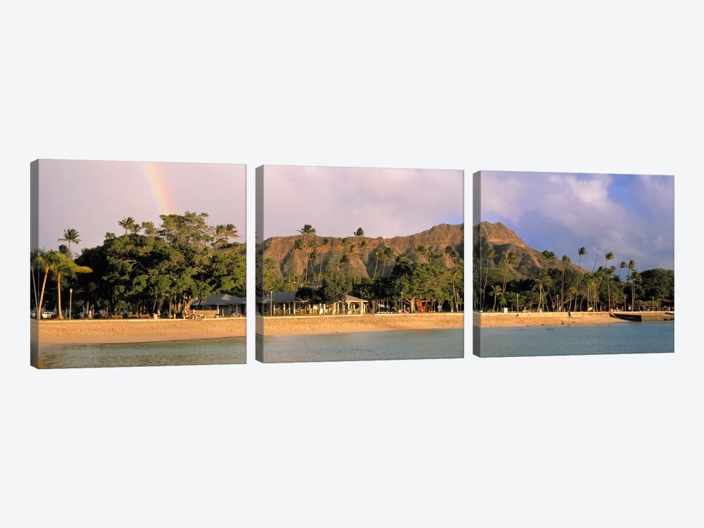 USA, Hawaii, Oahu, Honolulu, Diamond Head St Park, View of a rainbow over a beach resort by Panoramic Images 3-piece Canvas Wall Art