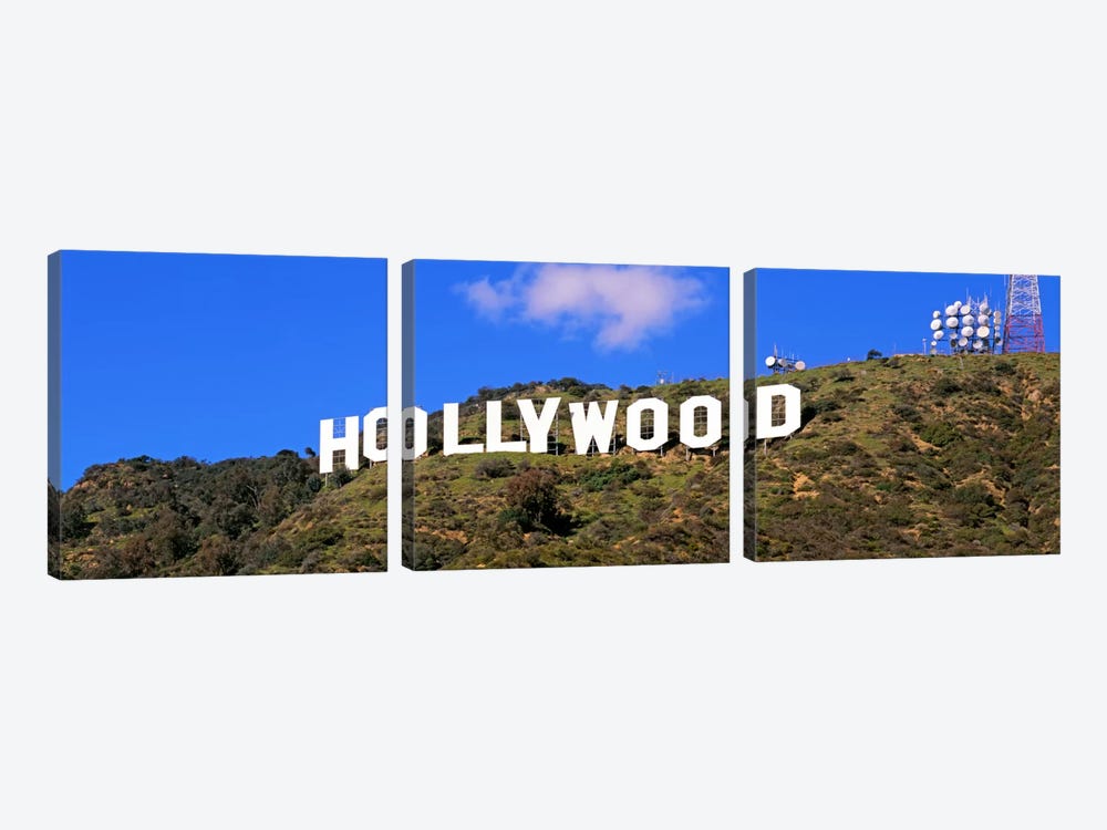 Low angle view of a Hollywood sign on a hill, City Of Los Angeles, California, USA by Panoramic Images 3-piece Canvas Art Print