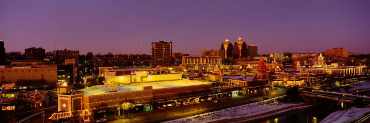 High angle view of buildings lit up at dusk, Kansas City, Missouri, USA