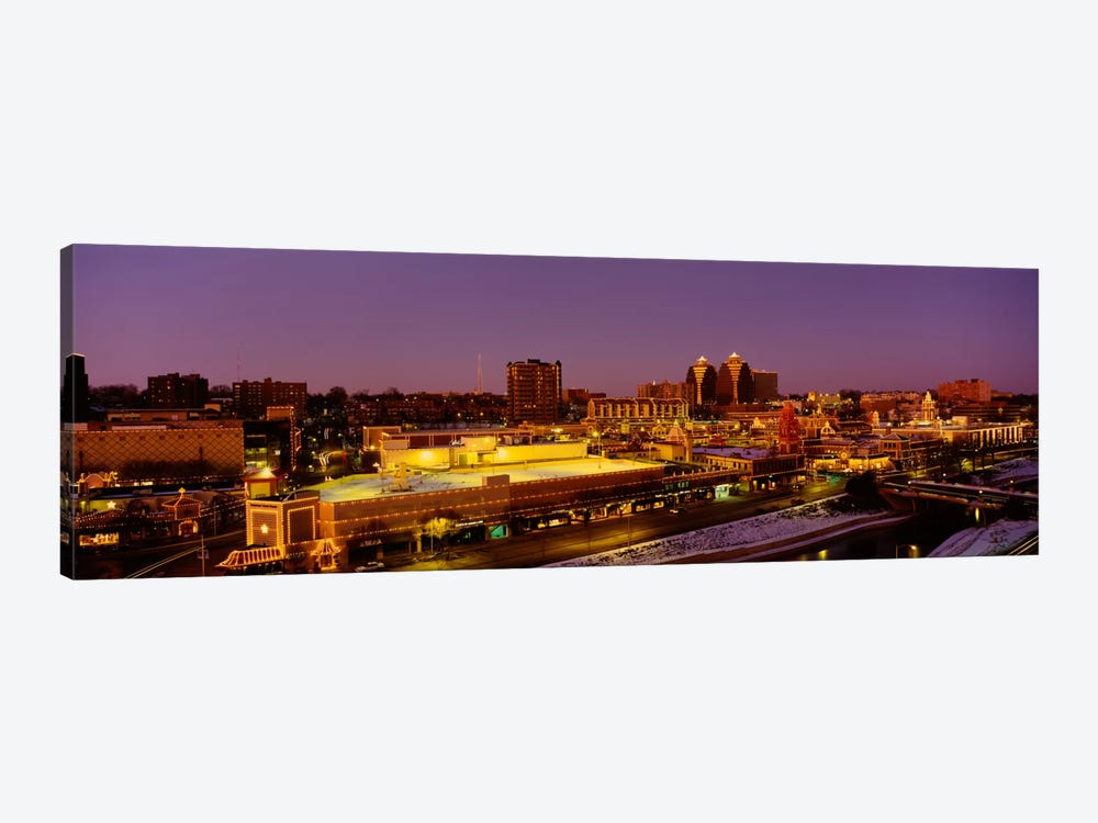 High angle view of buildings lit up at dusk, Kansas City, Missouri, USA by Panoramic Images 1-piece Canvas Art Print