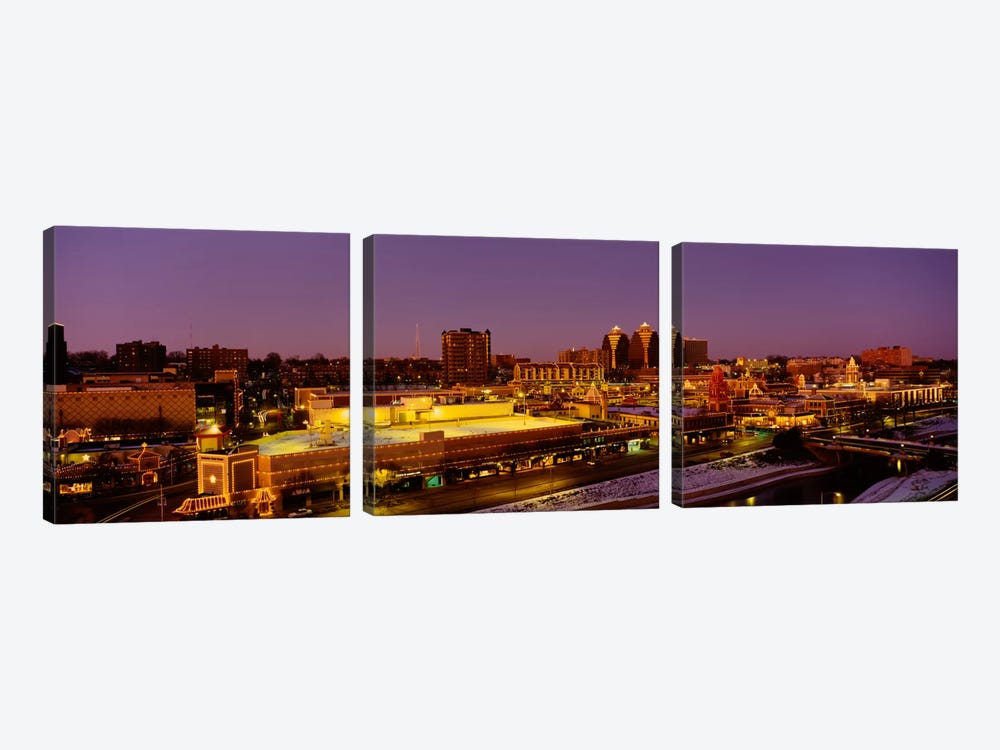 High angle view of buildings lit up at dusk, Kansas City, Missouri, USA by Panoramic Images 3-piece Canvas Art Print