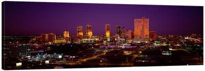 High angle view of skyscrapers lit up at night, Dallas, Texas, USA Canvas Art Print - Dallas Art