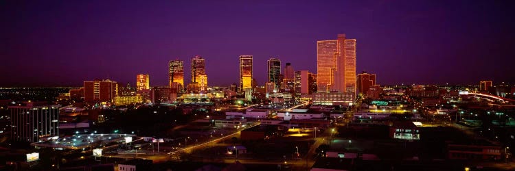 High angle view of skyscrapers lit up at night, Dallas, Texas, USA