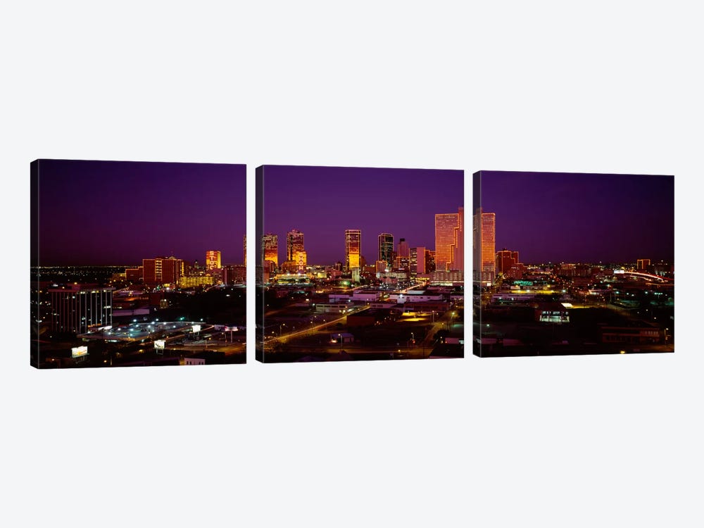 High angle view of skyscrapers lit up at night, Dallas, Texas, USA by Panoramic Images 3-piece Canvas Wall Art