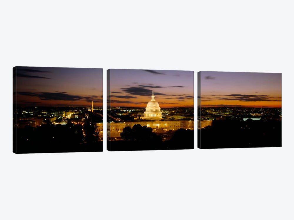 Government building lit up at nightUS Capitol Building, Washington DC, USA by Panoramic Images 3-piece Canvas Art Print