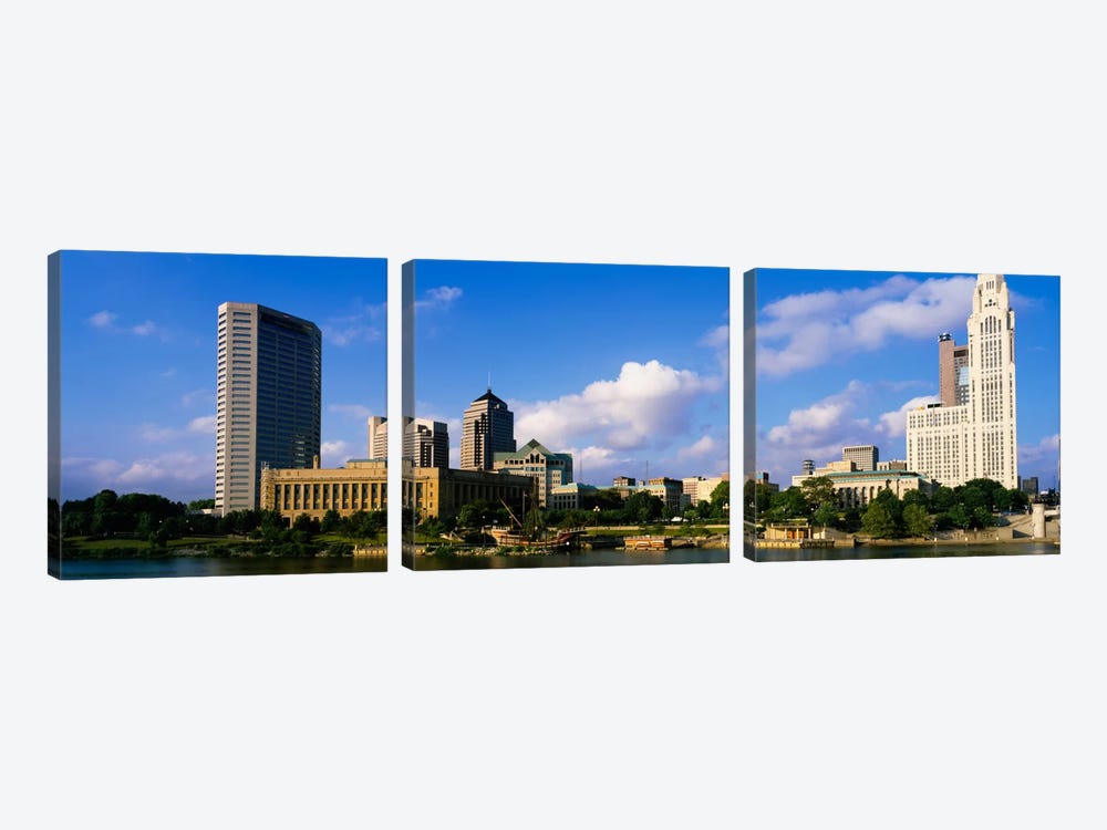 Buildings on the banks of a riverScioto River, Columbus, Ohio, USA by Panoramic Images 3-piece Canvas Print
