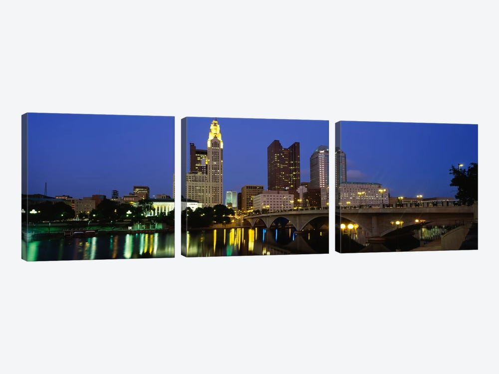 Buildings lit up at nightColumbus, Scioto River, Ohio, USA by Panoramic Images 3-piece Canvas Art Print