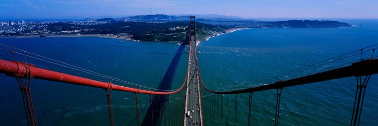 Aerial view of traffic on a bridge, Golden Gate Bridge, San Francisco, California, USA