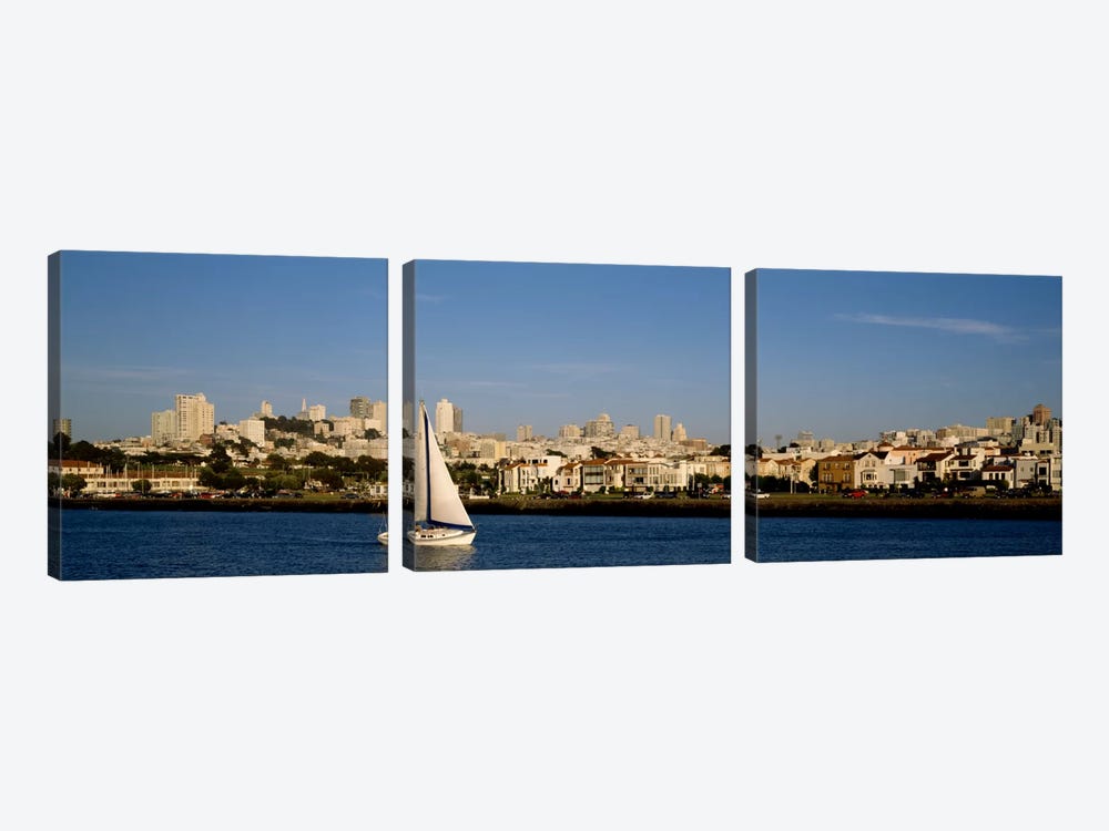 Sailboat in an ocean, Marina District, San Francisco, California, USA by Panoramic Images 3-piece Canvas Print
