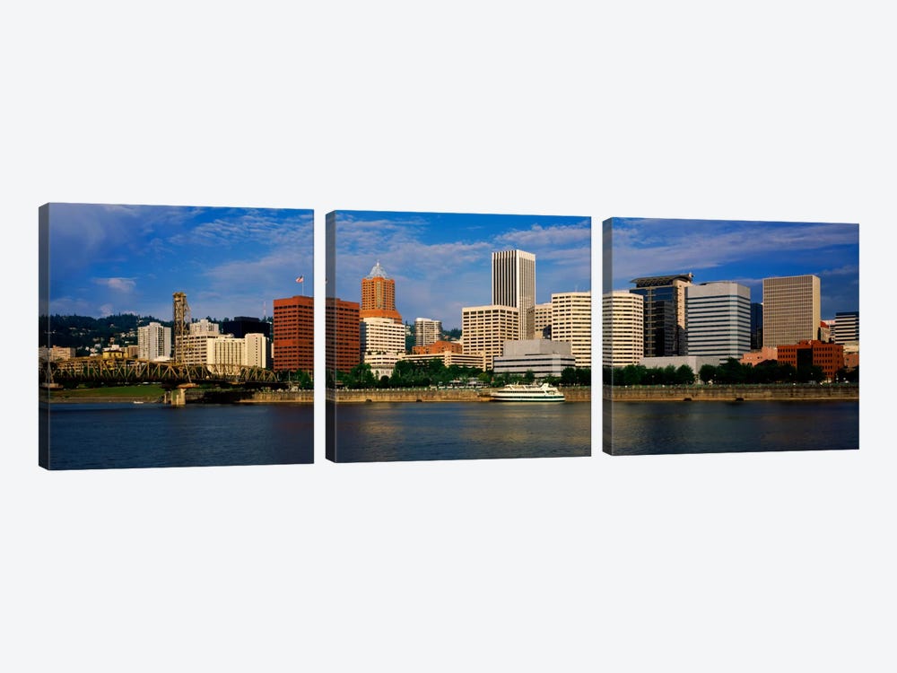 Skyscrapers at the waterfront, Portland, Multnomah County, Oregon, USA by Panoramic Images 3-piece Canvas Artwork