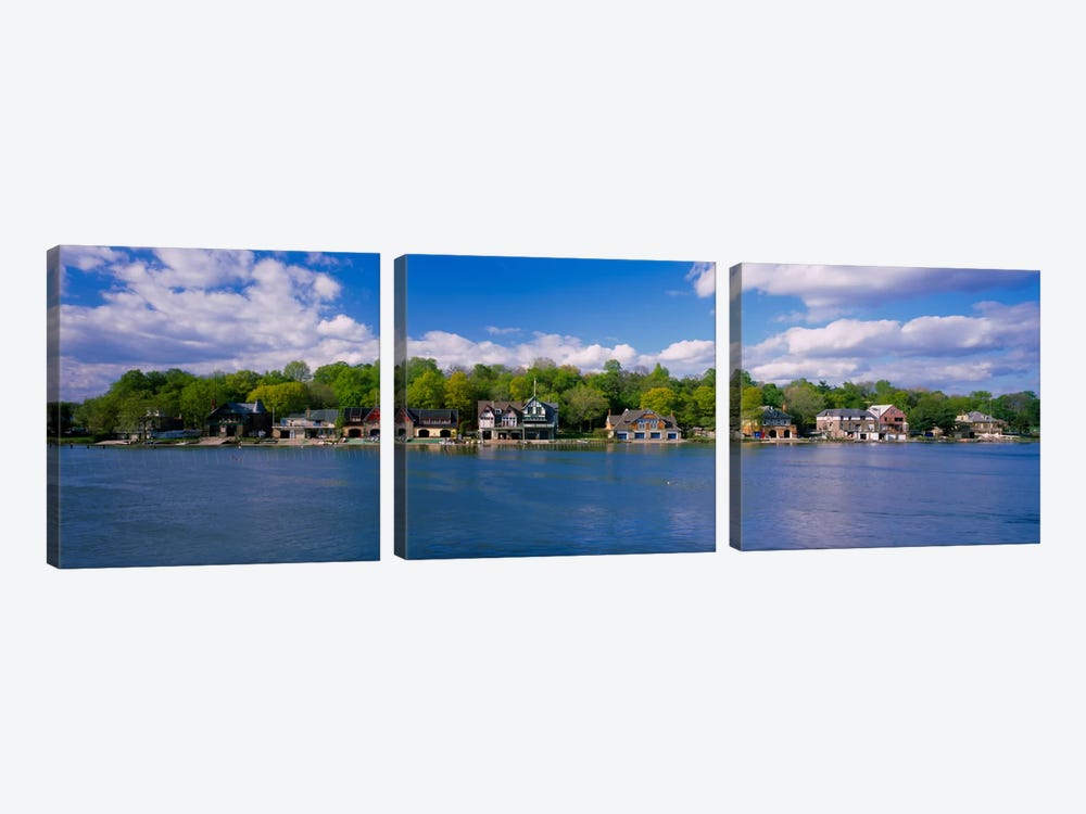 Boathouses near the river, Schuylkill River, Philadelphia, Pennsylvania, USA by Panoramic Images 3-piece Canvas Print