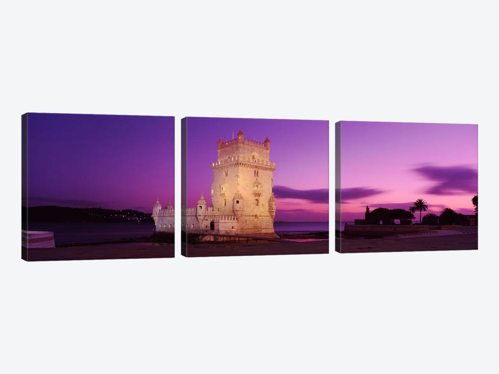 An Illuminated Belem Tower (Tower Of St. Vincent) At Night, Santa Maria de Belem, Lisbon, Portugal by Panoramic Images 3-piece Canvas Print