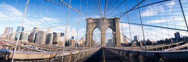 Brooklyn: Railings of a bridge, Brooklyn Bridge, Manhattan, New York City, New York State, USA, (pre Sept. 11, 2001) by Panoramic Images
