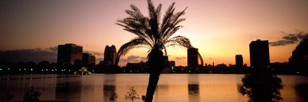 Orlando: Silhouette of buildings at the waterfront, Lake Eola, Summerlin Park, Orlando, Orange County, Florida, USA by Panoramic Images