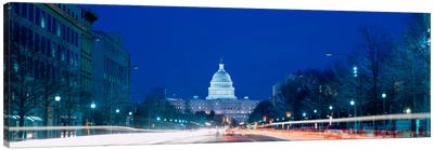 Government building lit up at dusk, Capitol Building, Pennsylvania Avenue, Washington DC, USA Canvas Art Print