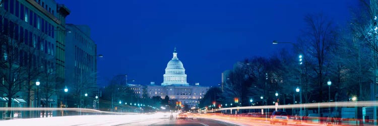 Government building lit up at dusk, Capitol Building, Pennsylvania Avenue, Washington DC, USA