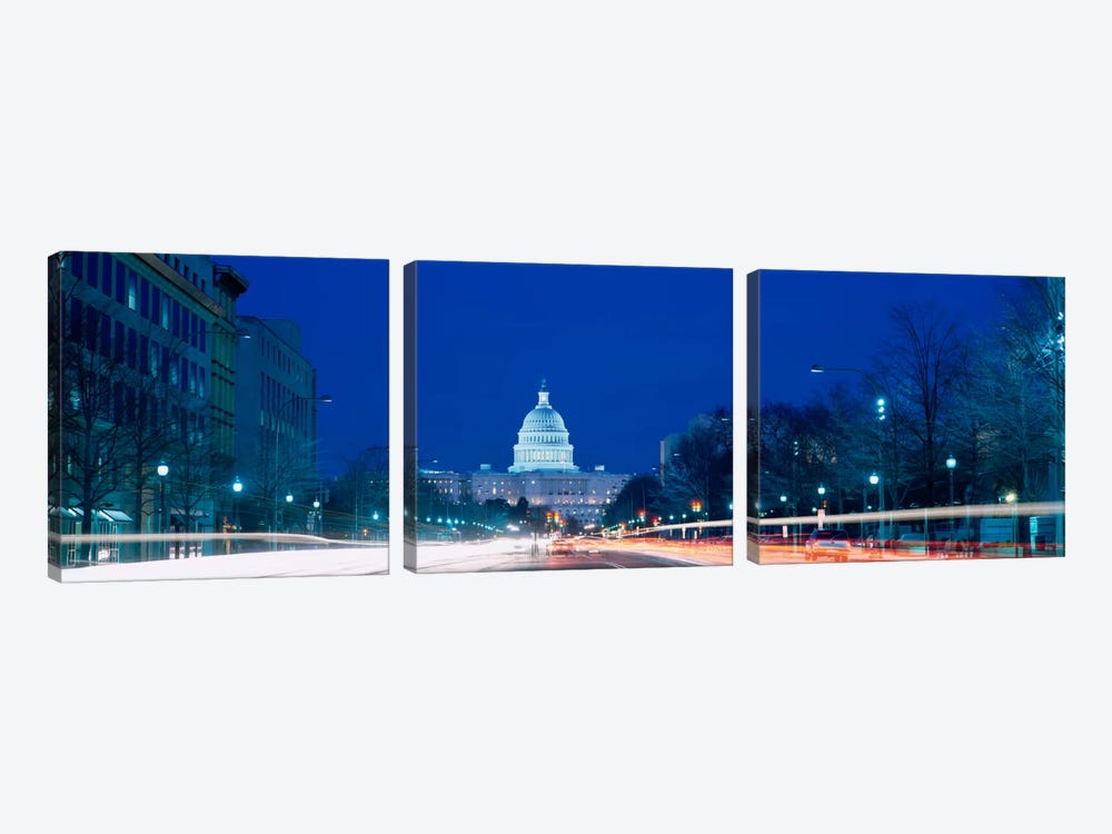 Government building lit up at dusk, Capitol Building, Pennsylvania Avenue, Washington DC, USA by Panoramic Images 3-piece Art Print