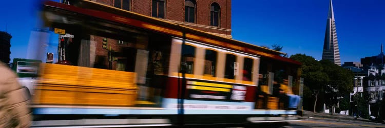 Cable car moving on a street, San Francisco, California, USA