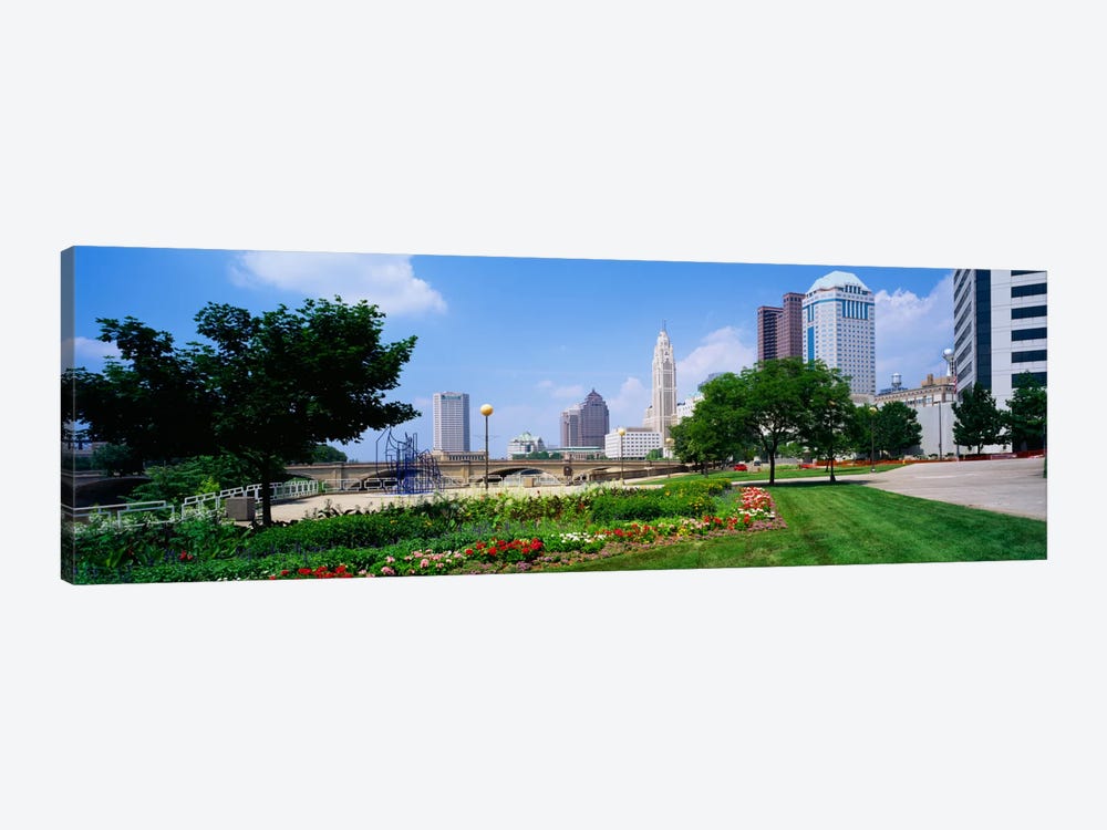 Garden in front of skyscrapers in a city, Scioto River, Columbus, Ohio, USA by Panoramic Images 1-piece Canvas Print