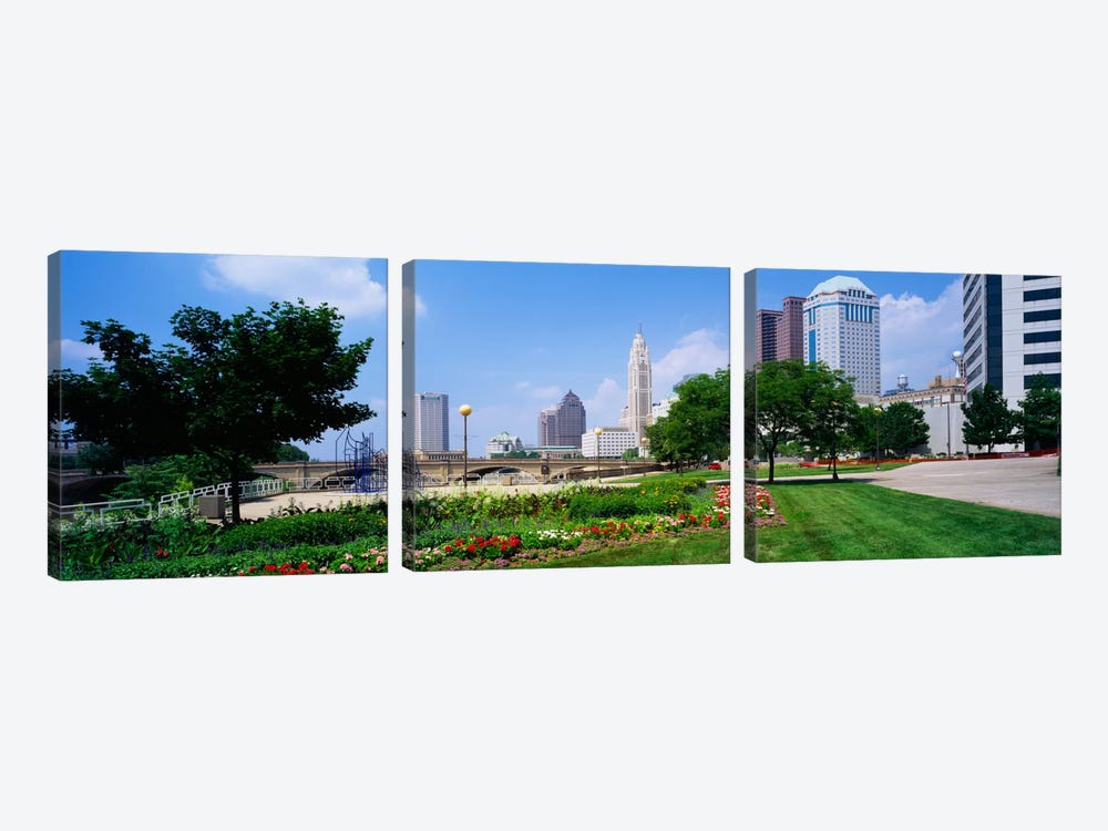 Garden in front of skyscrapers in a city, Scioto River, Columbus, Ohio, USA by Panoramic Images 3-piece Art Print