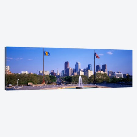 Fountain at art museum with city skyline, Philadelphia, Pennsylvania, USA Canvas Print #PIM1929} by Panoramic Images Canvas Artwork