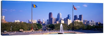 Fountain at art museum with city skyline, Philadelphia, Pennsylvania, USA Canvas Art Print