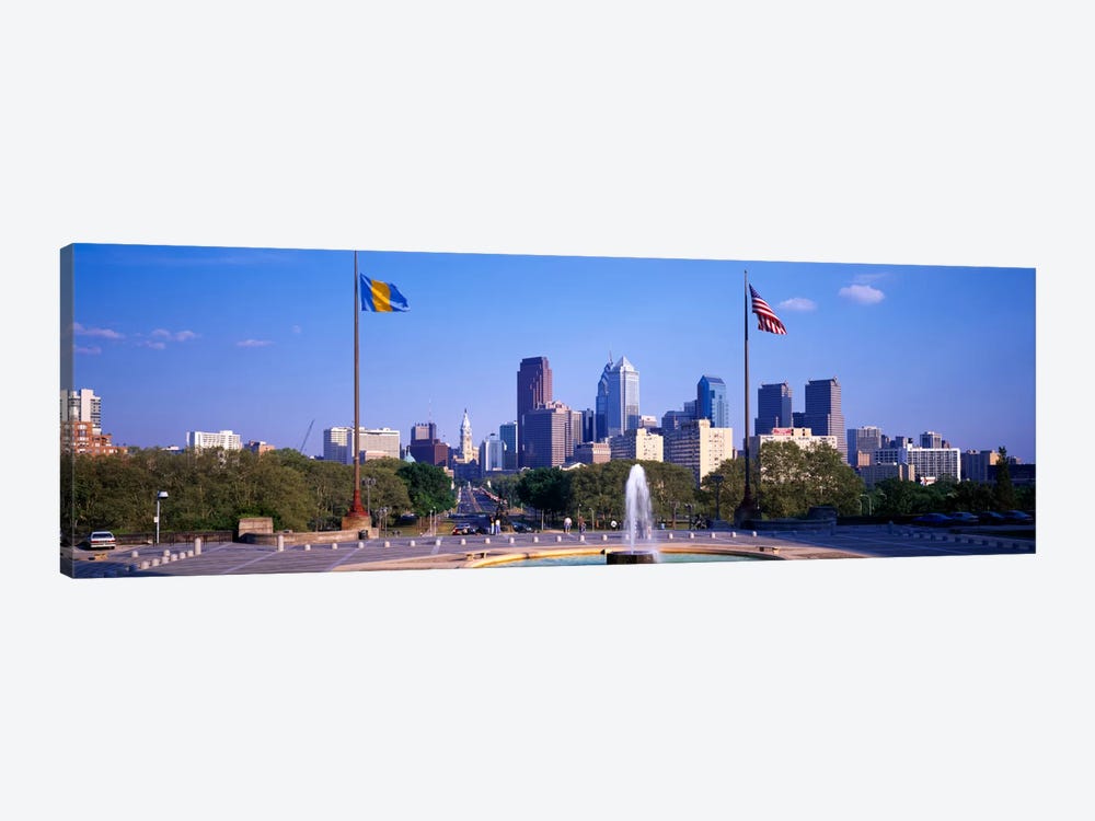 Fountain at art museum with city skyline, Philadelphia, Pennsylvania, USA by Panoramic Images 1-piece Canvas Print