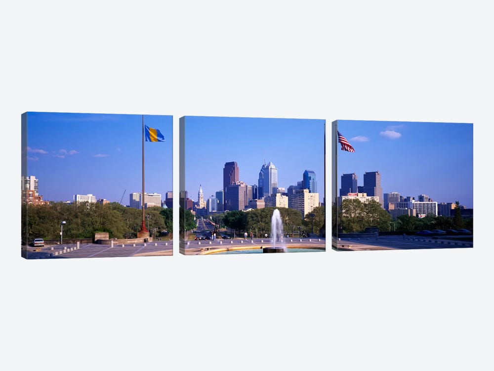Fountain at art museum with city skyline, Philadelphia, Pennsylvania, USA by Panoramic Images 3-piece Canvas Art Print