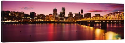 Skyscrapers lit up at sunset, Willamette River, Portland, Oregon, USA Canvas Art Print - Panoramic Cityscapes