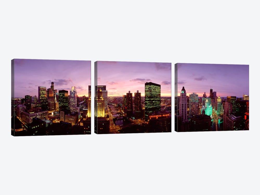 Skyscrapers In A City At Dusk, Chicago, Illinois, USA by Panoramic Images 3-piece Canvas Wall Art
