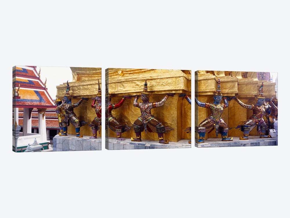 Statues at base of golden chedi, The Grand Palace, Bangkok, Thailand by Panoramic Images 3-piece Canvas Art Print