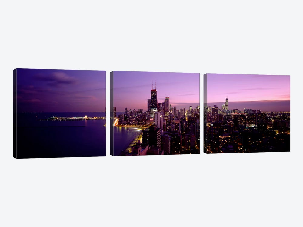 Buildings Lit Up At Night Chicago, Illinois, USA by Panoramic Images 3-piece Canvas Art