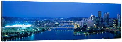 High angle view of a stadium lit up at nightThree Rivers Stadium, Pittsburgh, Pennsylvania, USA Canvas Art Print - Pittsburgh Skylines