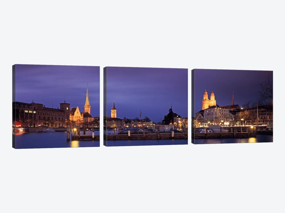 District 1 Architecture At Night, Zurich, Switzerland by Panoramic Images 3-piece Art Print