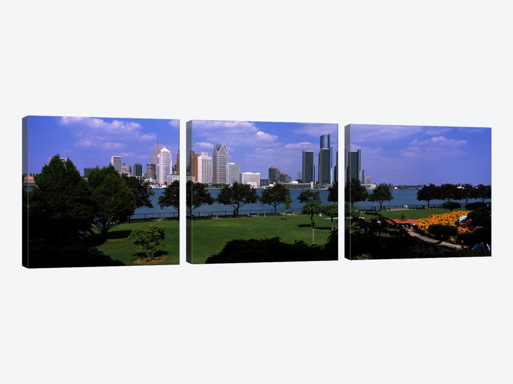 Trees in a park with buildings in the background, Detroit, Wayne County, Michigan, USA by Panoramic Images 3-piece Canvas Print