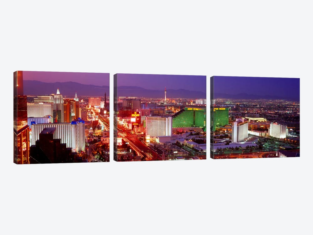 Buildings lit up at dusk in a city, Las Vegas, Clark County, Nevada, USA by Panoramic Images 3-piece Canvas Artwork
